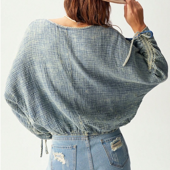 Boho Vintage Wash Blue Button Down Oversized Top - Picture 4 of 5